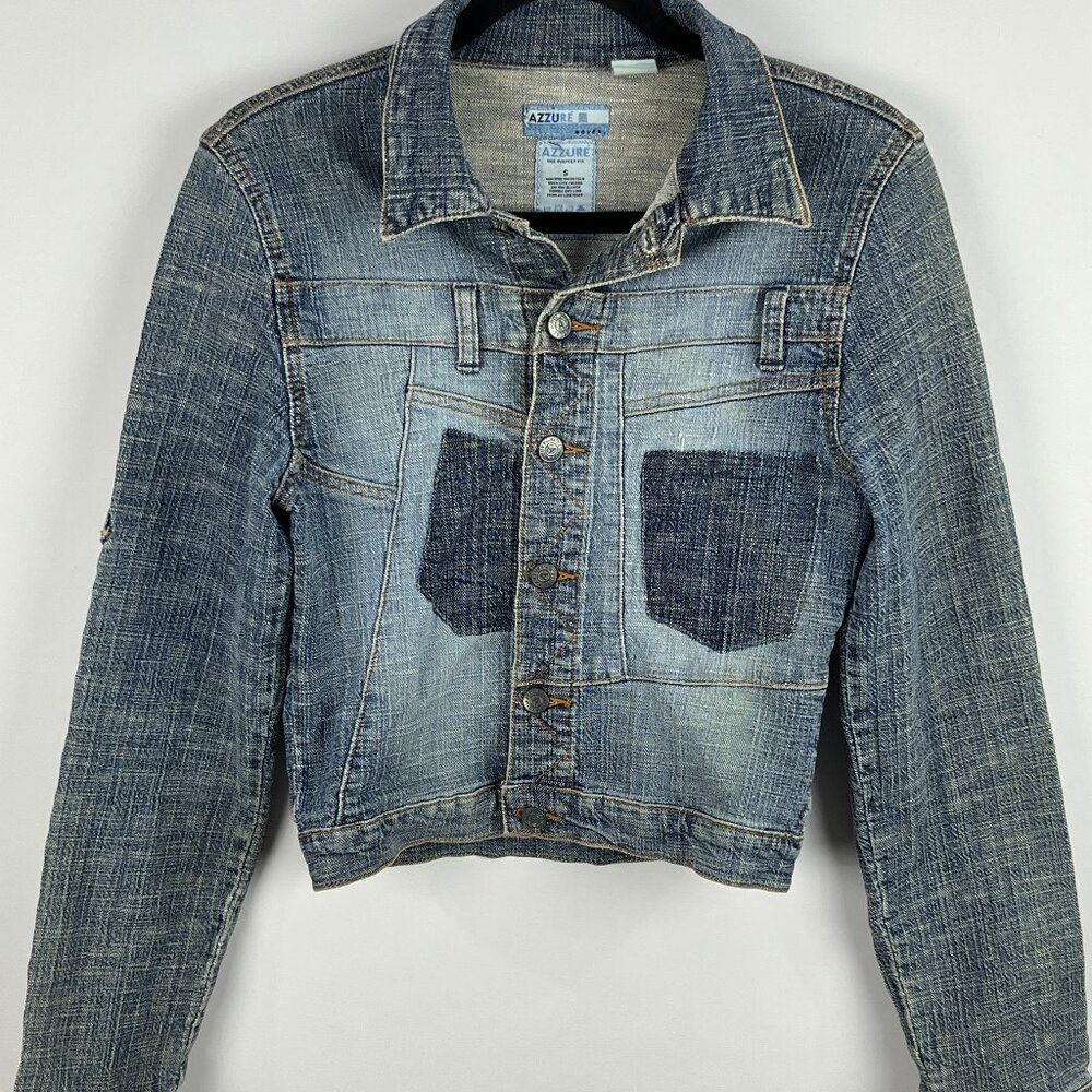 Azzure Jean Jacket Cropped Size S Blue Long Sleeve Button Up Cotton Lycra